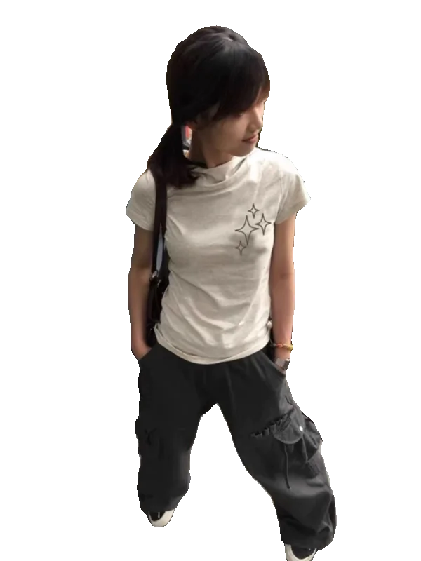 

Retro American Star Print Puff Collar Pure Cotton ort Sve T-irt Women Summer New Slimming Hot Girl Top