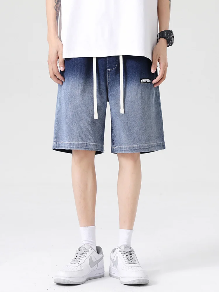 2023 New Gradient Summer Denim Shorts Men Cotton Casual Breeches Short Pants Drawstring Baggy Jeans Shorts Male Plus Size 8XL