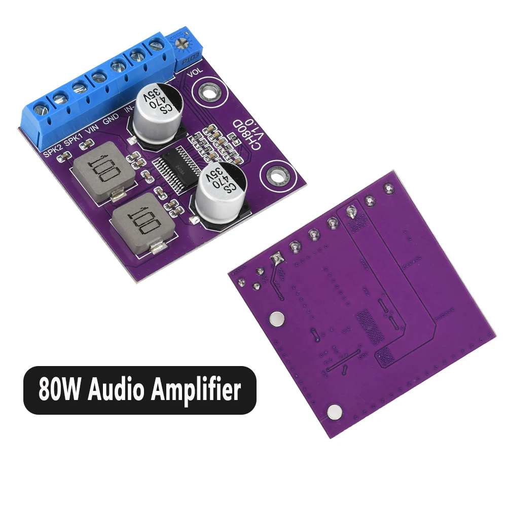 DC 5-26V CH80D 80W Stereo Serial Class-D Audio Amplifier Single Channel Voice Audio Amplifier Module 95% Efficiency