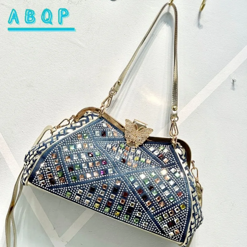 

ABQP New Women's Diamond Shoulder Bag Luxury Brand Denim Braid Women's Shoulder Crossbody Bag Fashion Banquet Women's Bag