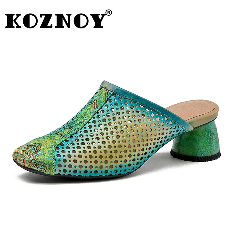 

Koznoy 5.5cm Slik Genuine Leather Summer Hollow Platform Sandals Breathable Slip on Fashion Slippers Chunky Heels Women Shoes