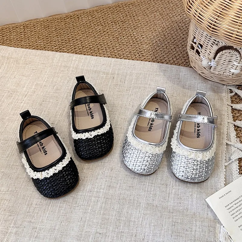 Girls Lace Flat Shoes Mary Janes Fashion Baby Girl Princess Sweet Weave Design Soft Sole Children's Leather Shoes 2025 Autumn