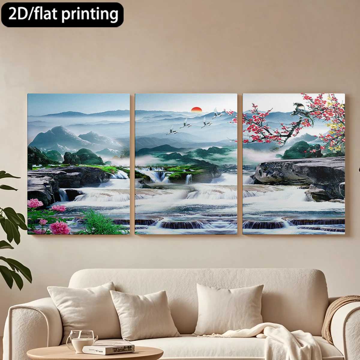 Juego de 3 cuadros decorativos con marco de madera, pintura sobre lienzo con motivos de cascadas, flores y pájaros en vuelo. Decoración para pasillo y dormitorio.