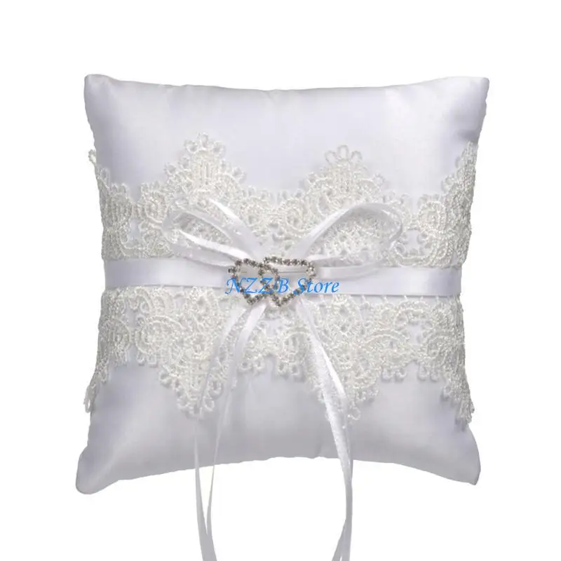 

T21F Bowknot Double Heart Rings Cushion Bridal Wedding Rings Holder for Engagements