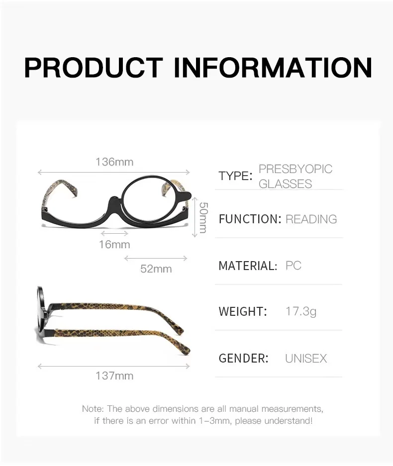 2023 New Colorful Frame Single Lens Cosmetic Presbyopia Mirror Multifunctional PC Frame 180 Degree Rotation Cosmetic Presbyopia