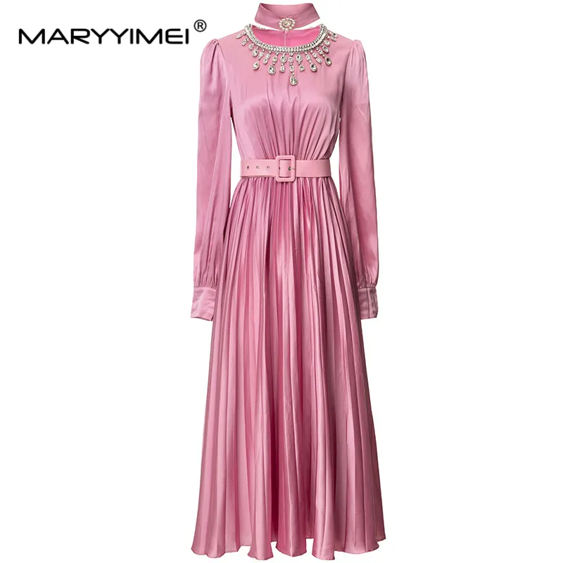 

MARYYIMEI Fashion Women's 2024 Spring New Round Neck Lantern Long-Sleeved Pleated Ball Gown Dress Belt Studded Diamond Dress