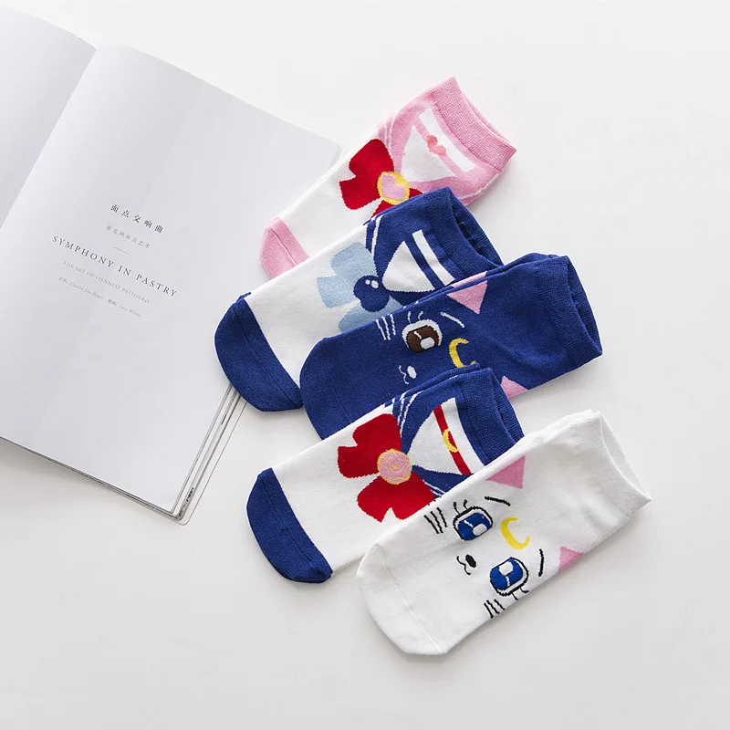 Women Anime Sailor Bow Socks Cute Girls Kawaii Girls Cartoon Blue Cat White Kitty Socks JK Uniform Wearing Birthday Gifts