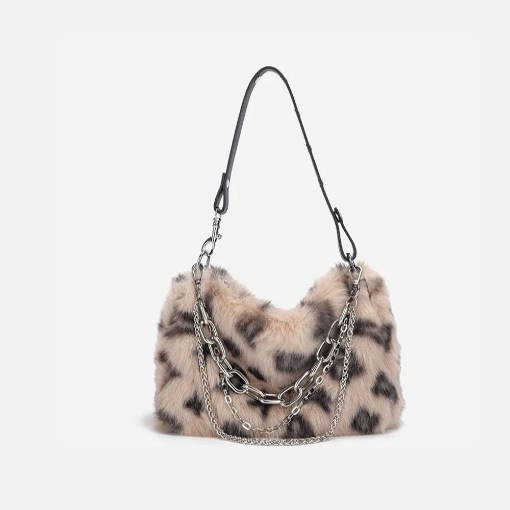 Women Faux Fur Winter Fashion Shoulder Bag Leopard Print  Clutch Purses Fluffy Plush Female Handbags  with Chain Strap