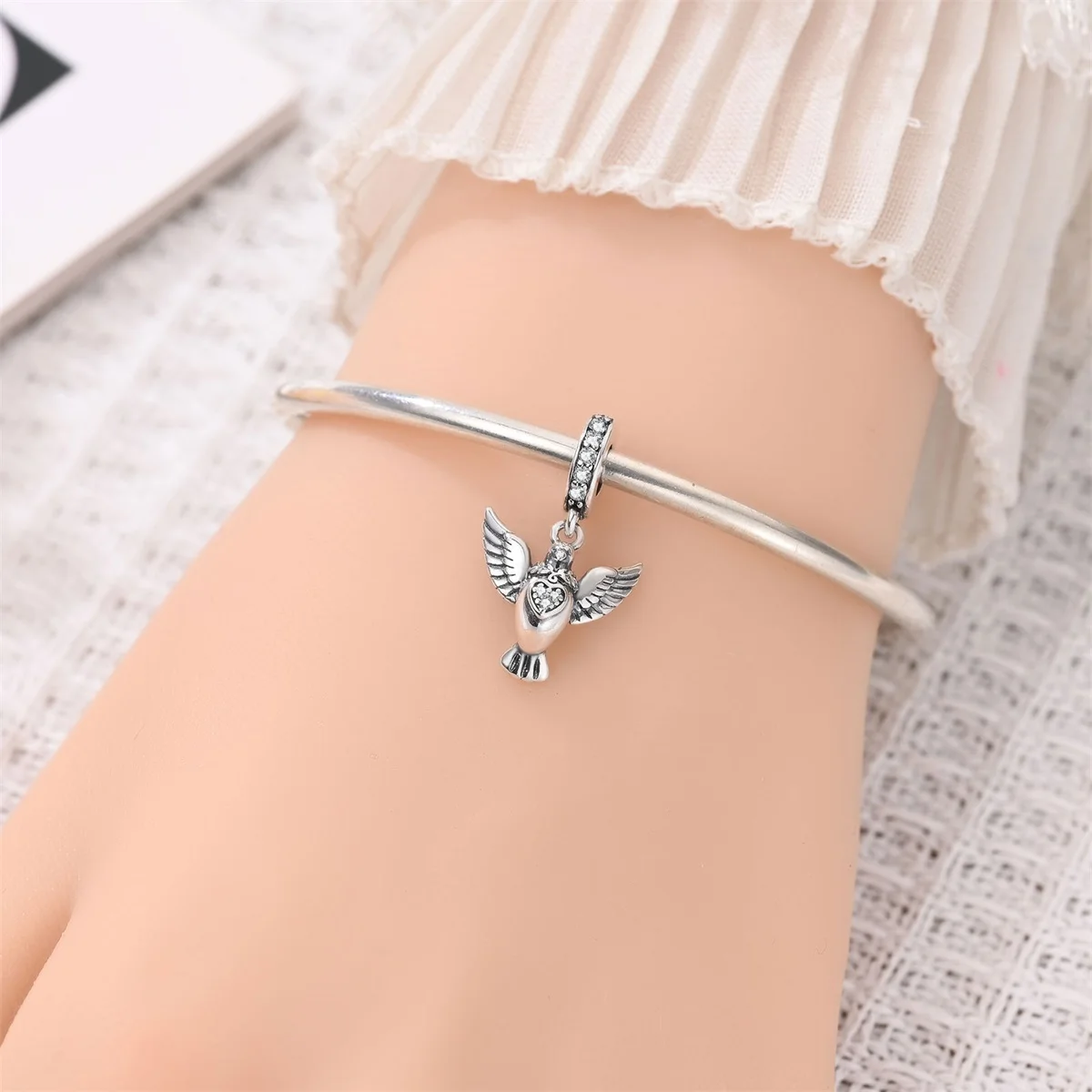 925 Sterling Silver Peace Charms Peace Sign Dove Heart Enamel Beads No More War Text Pendant Fit European Bracelet DIY Jewelry view 3