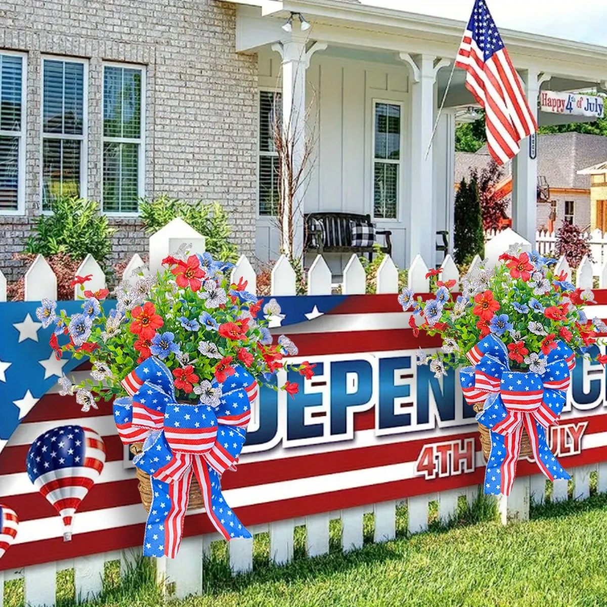 

Patriotic Wreath American Wreath for Front Door 4Th of July Memorial Day Hanging Basket Red White Blue Flowers, Summer