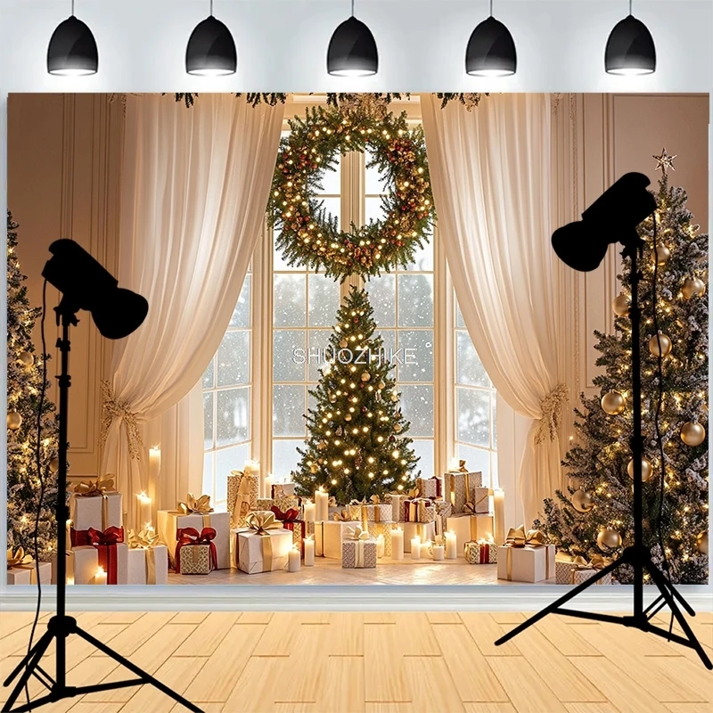 

Christmas Tree Gifts Wooden Photography Backdrop Living Room Snowflake Family Party New Year Holidays Studio Background XH-18