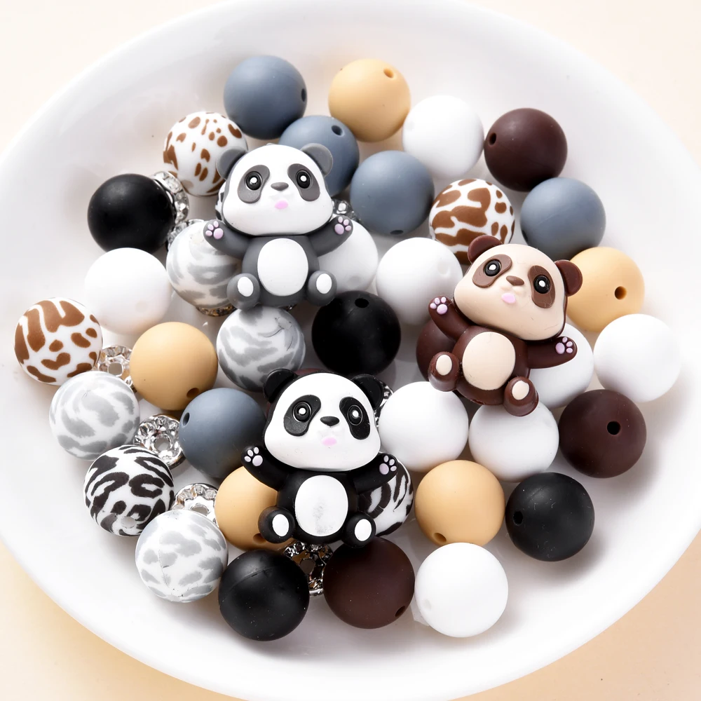 28Pcs Silicone Bead Set Panda Shaped&Round Beads for DIY Baby Pacifier Chain Clips Dummy Holder Accessories