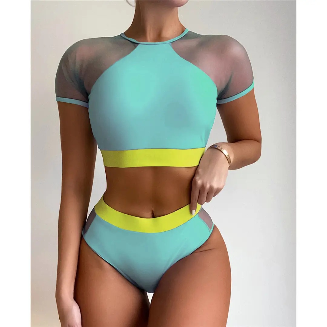 Kurzarm-Badeanzug mit Mesh-Einsätzen, Damen-Bikini mit hoher Taille, zweiteiliger Bikini-Set, Badebekleidung, Badeanzug, Modell V2871. – Detail 19