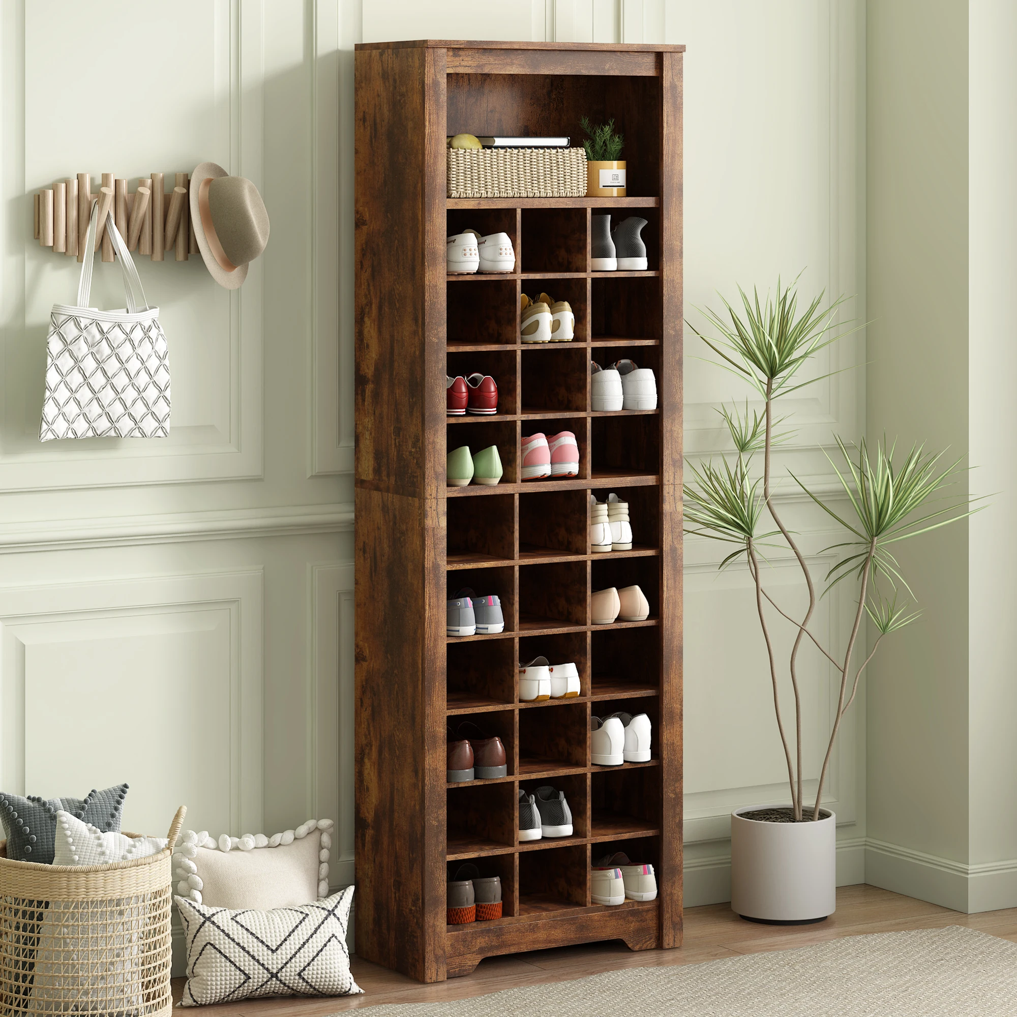 Stylish Design 30 Shoe Cubby Console, Contemporary Shoe Cabinet with Multiple Storage Capacity, Free Standing Tall Shoe Cabinet