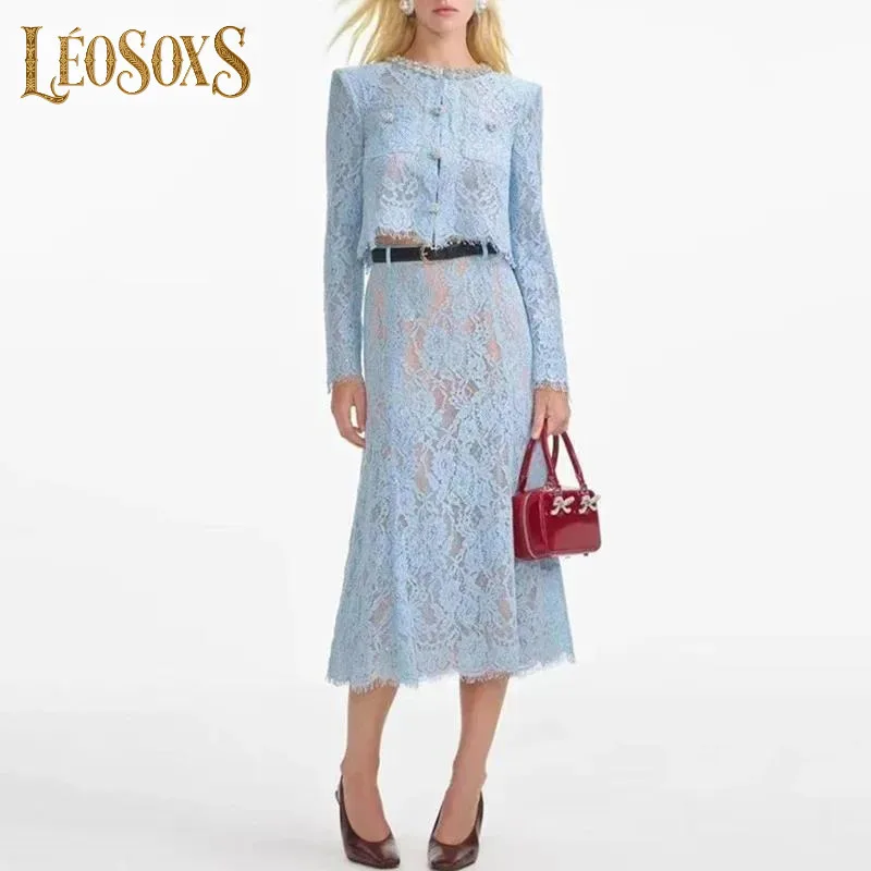 LEOSOXS mode femmes solide évider deux pièces ensemble col rond à manches longues haut taille haute jupe élégant Chic ensembles femme nouveau