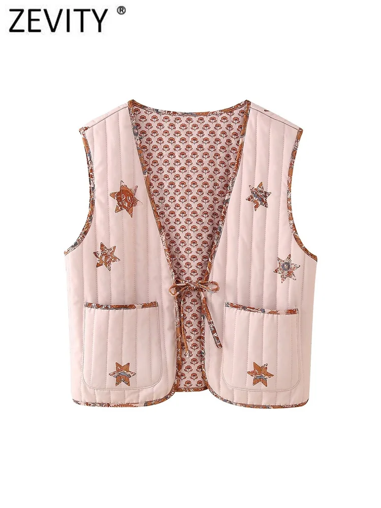 Zevity 2024 Women Fashion V Neck Print Quilted Short Vest Jacket Lady Two Sides Wear Bow Tied Lace Up Crop WaistCoat Tops CT6293