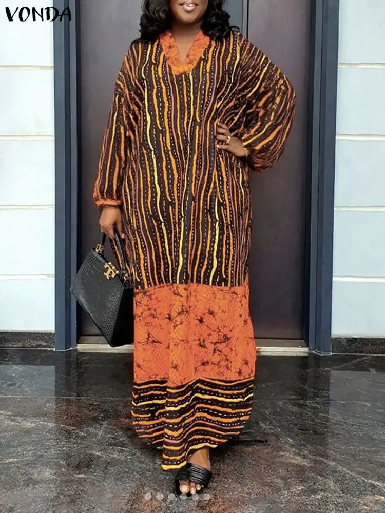 

Плюс размер 5XL VONDA богемные платья макси для женщин осень с v-образным вырезом и длинным рукавом вечерние платья повседневное модное длинное платье с принтом в стиле ретро