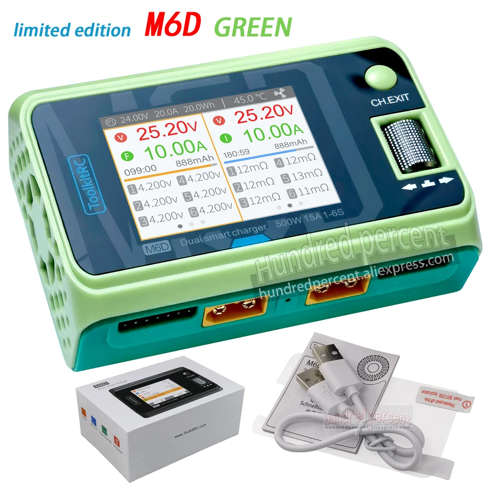 ToolkitRC M6D Groen Paars 500W 15A DC Dual Channel Smart Charger Ontlader Voor 1-6S Lipo batterij FPV Model Onderdeel Vervangen