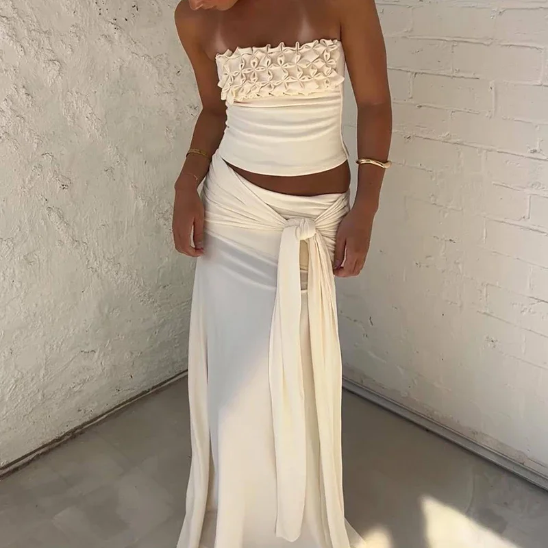 

Женский летний офисный наряд на шнуровке 2023 года, сексуальный комплект без бретелек с цветочным принтом, юбки с запахом и бедрами, повседневный однотонный тонкий отпускной костюм из 2 предметов