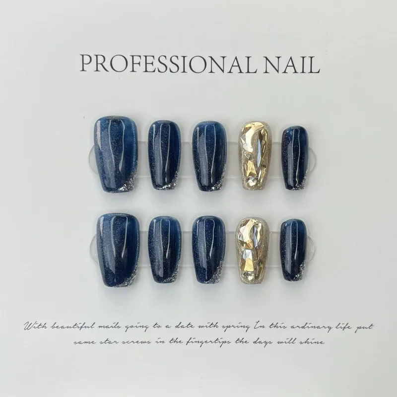 

10Pcs French Coffin Dark Blue Cat Eye Fake Nails Full Cover Wearable Artificial Nail Tip simpler Luxury Handmade Press on Nails