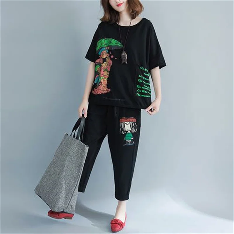 Plus Size Retro Print Loose Short Sleeve T-shirt Casual Pants Two Piece Elegant Women\'s Pants Set Summer Sports Set Ouftis