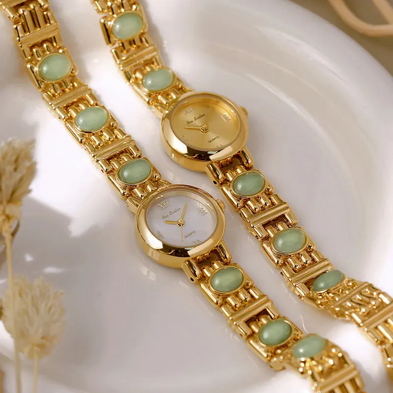 Premium Natural Dongling Stone Chain Watch Green Gemstone Gold Steel Belt Quartz Women's Watch Relogio Feminino
