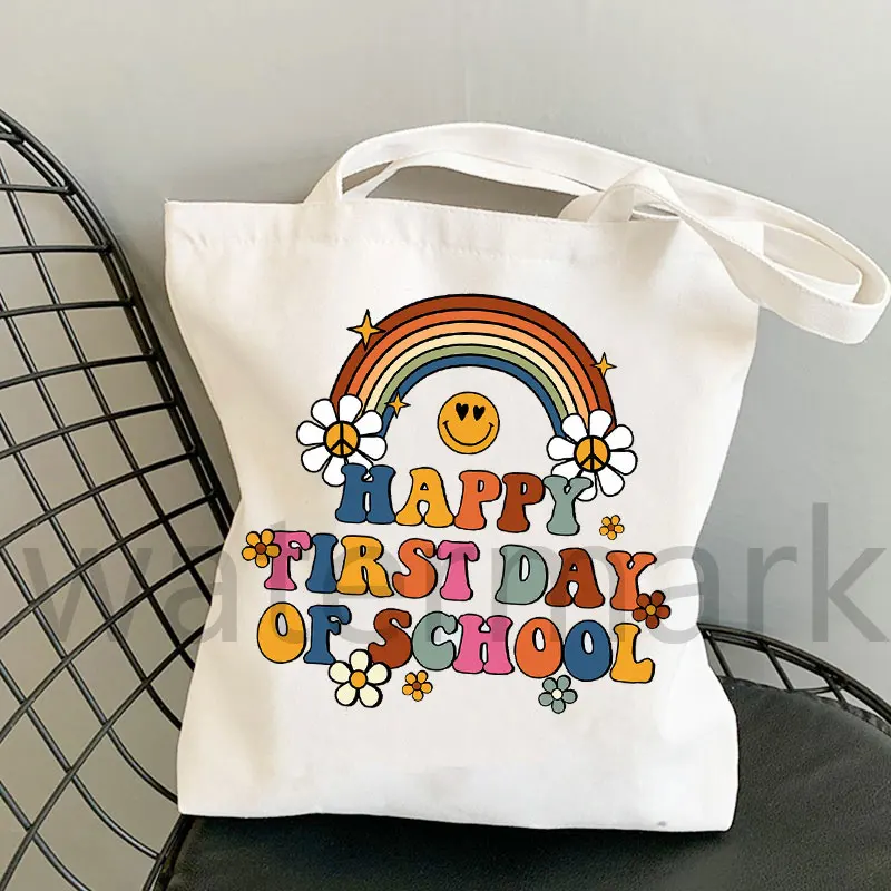 Happy First Day of School Print Canvas Tote Bag Back To School Season Best Gifts Shopping Totes Shoulder Bags Book Bag Handbag