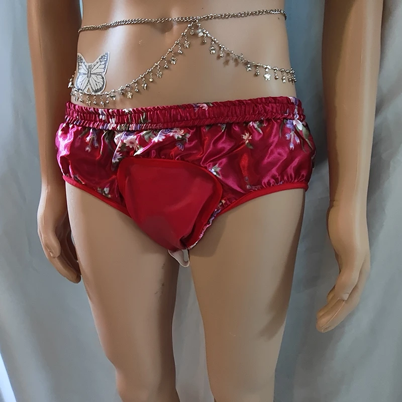 

Man Satin Glossy Floral Embroidery Briefs with inside Latex band Panties Soft Silky Touch Sissy Underwear BF