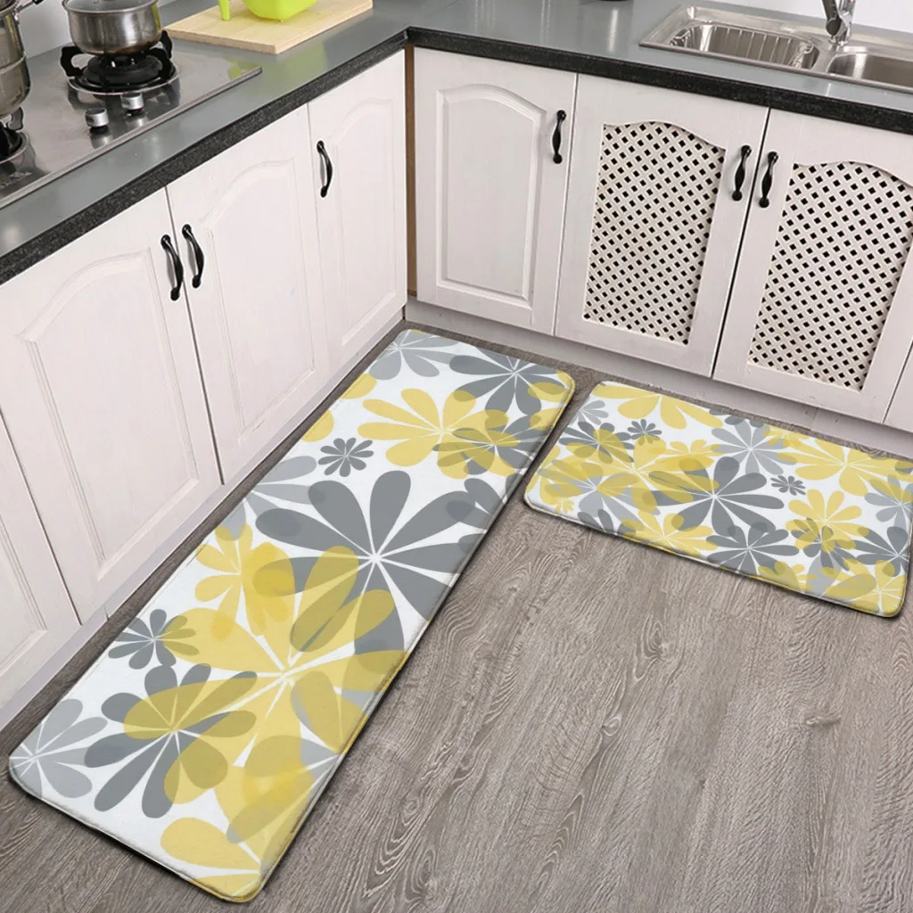 Kitchen Door Steps Water-Absorbing  Non-slip Foot Mats Art Highest Yellow Gray Flower