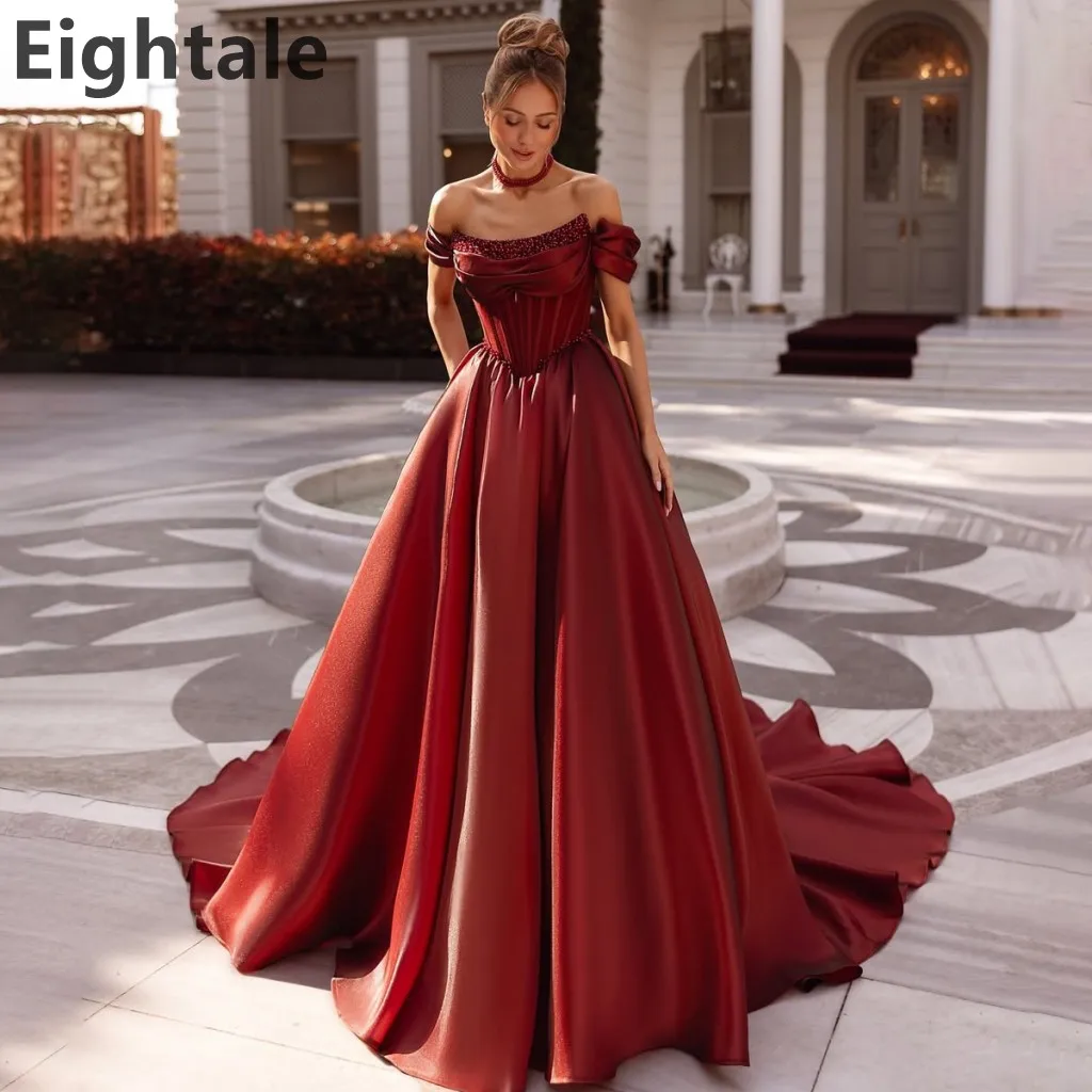 

Eightale 2025 Burgundy Satin A Line Off Shoulder Evening Dress Beaed Prom Dress Women Dubai Formal Party Gown Customized