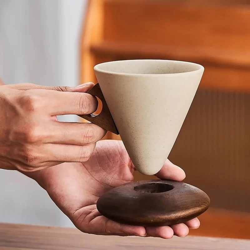 Ceramic Coffee Cup Ceramic Coffee Mug with Wooden Handle Handmade Stoneware Cone Cup Retro Coffee Cup Set with for Home - view 4