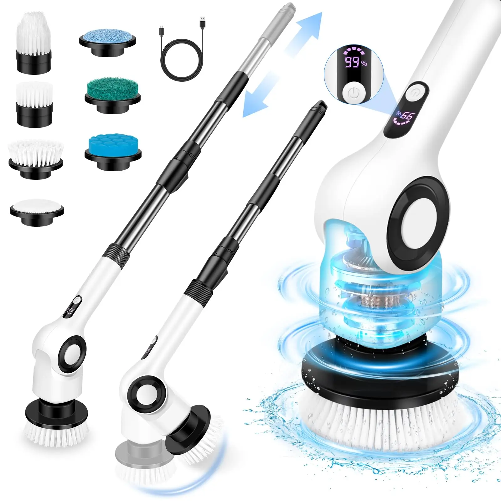 

7-in-1 Cordless Electric Spin Scrubber 3 Speed Adjustable Extension Handle IPX6 Waterproof for Bathroom Kitchen Tile Grout Car