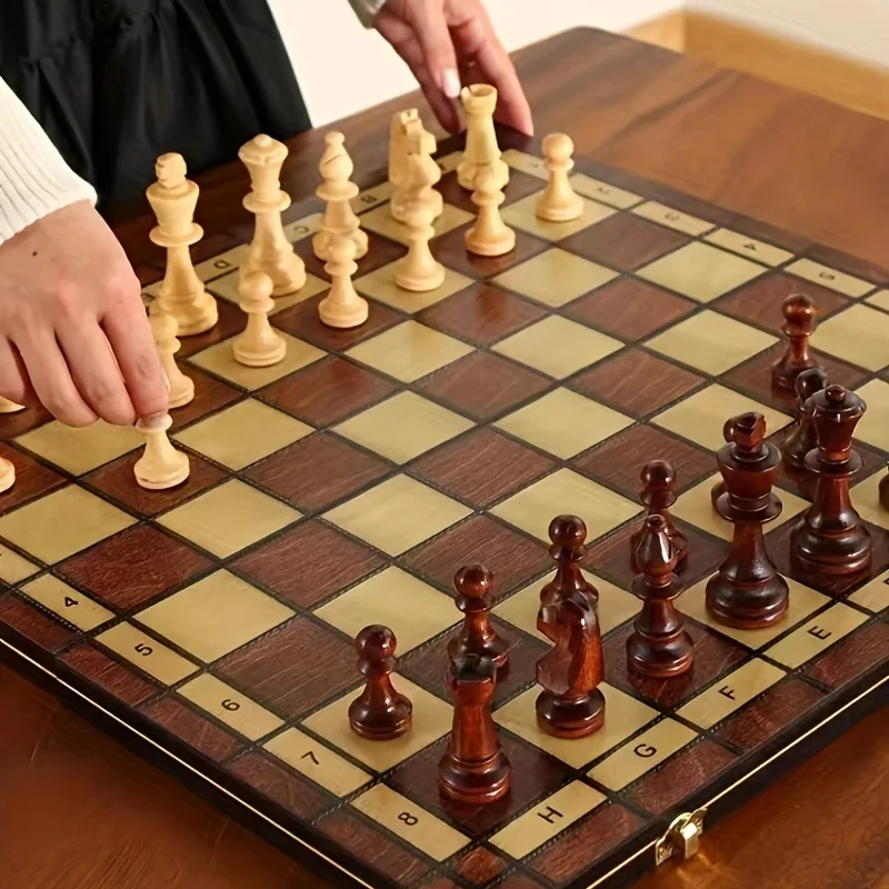 2-in-1 Chess Solid Wood Checkers Board Game 24cm Foldable Board Set Table Game