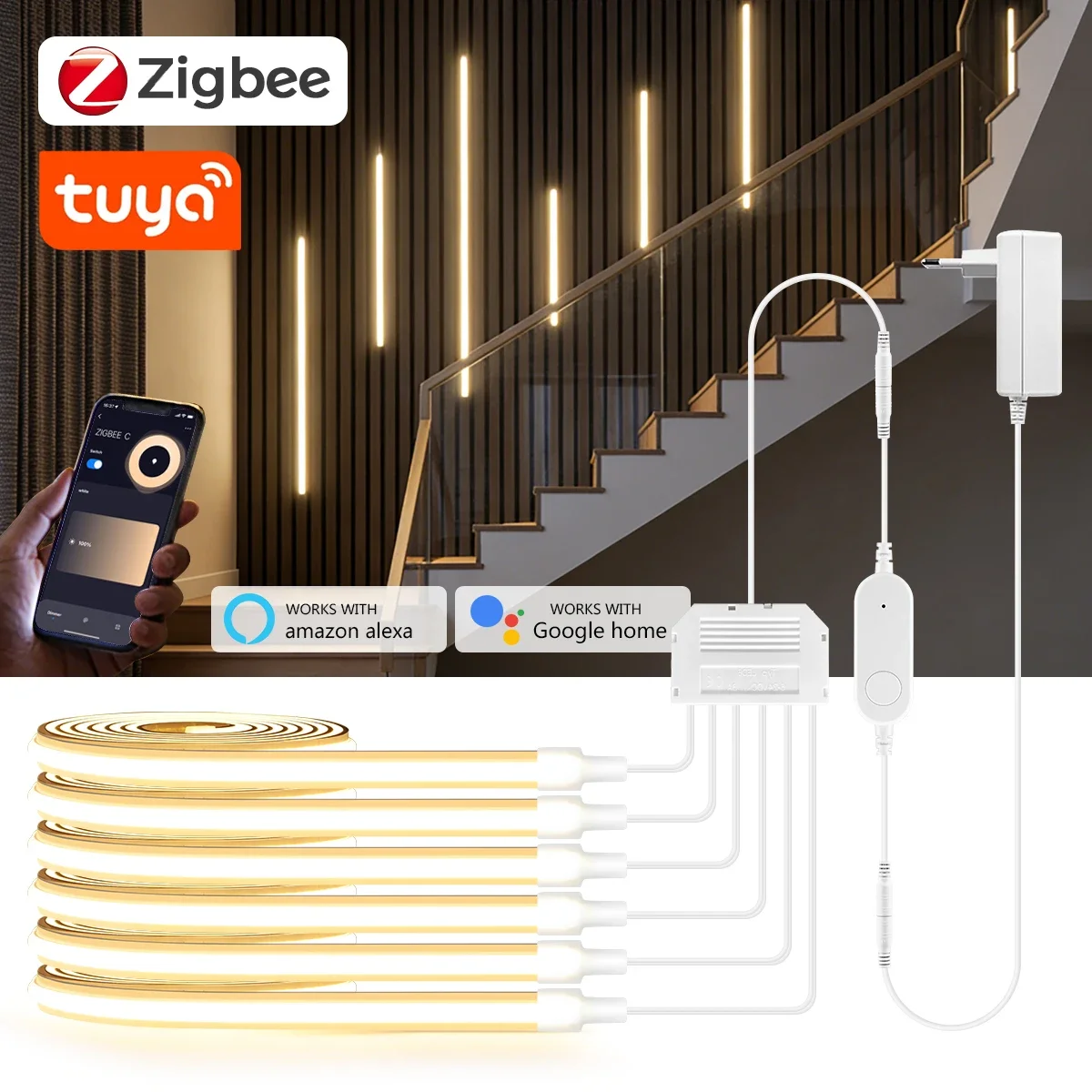 

Smart Zigbee Neon COB LED Kit 1-6PCS Flexible Silicone Strip Waterproof Work with Alexa Google Assistant Voice App Control