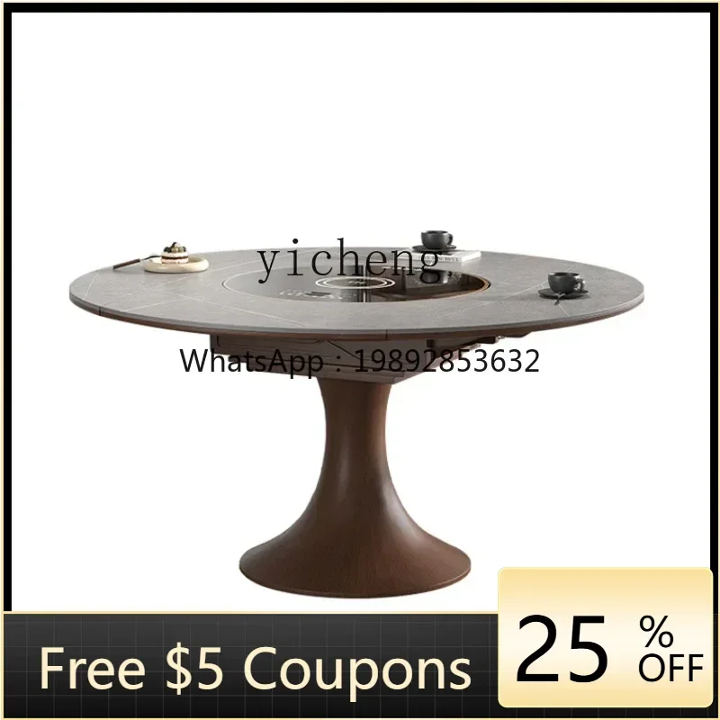 FF rock slab retractable dining table small apartment induction cooker turntable foldable solid wood