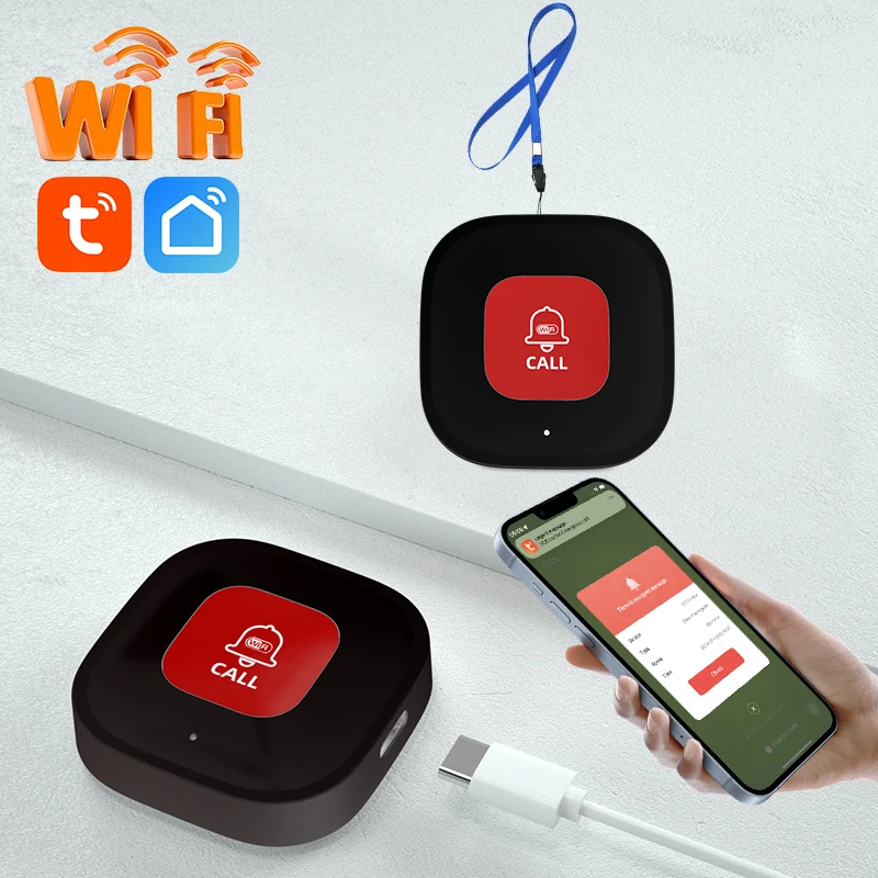 Tuya Smart WiFi Sos Panic Button Built-In Battery, Alarm For Elderly/Pregnant Women/Children Usb Charging APP Alart Notification