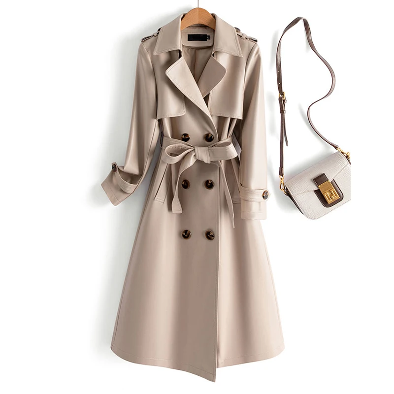 M-5XL Sheepskin Trench Coat for Women 2024 Autumn New Mid-length Double Breasted Belt Chic Ladies Split Leather Slim Outwear