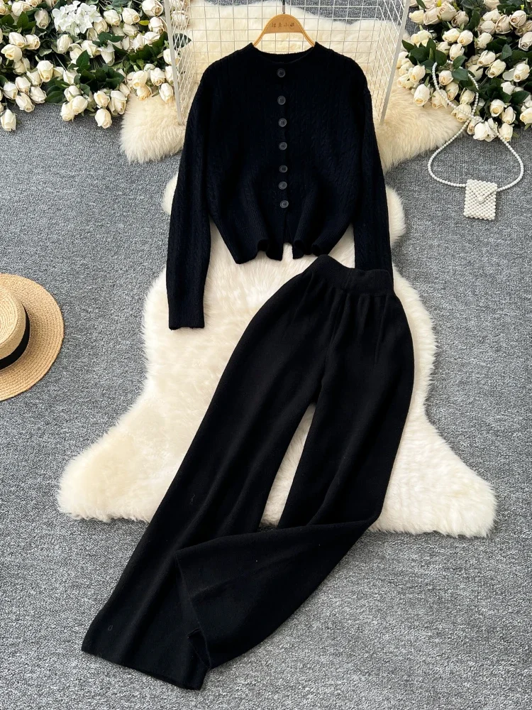 Autumn Winter Casual Cashmere Suits Women Long Sleeves Buttons Cardigan+High Waist Wide Legs Knitt Pants Loose Sweater 2PC Sets