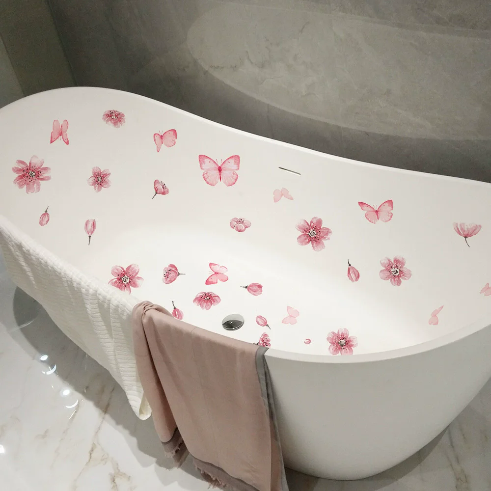 6pcs Bathroom Wall Stickers Waterproof PVC Flower Pattern Non Slip Bathtub Decals Easy to Paste for Home Decoration