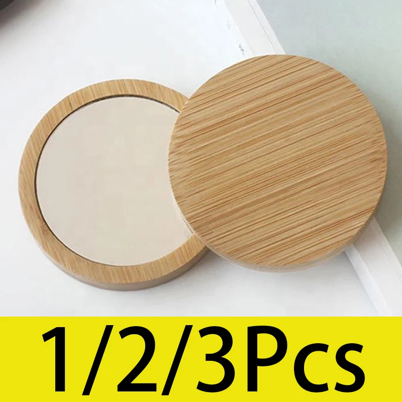 1/2/3Pcs Portable Hand Mirror Round Wood Frame Mirror Bamboo Cosmetic Makeup Mirror