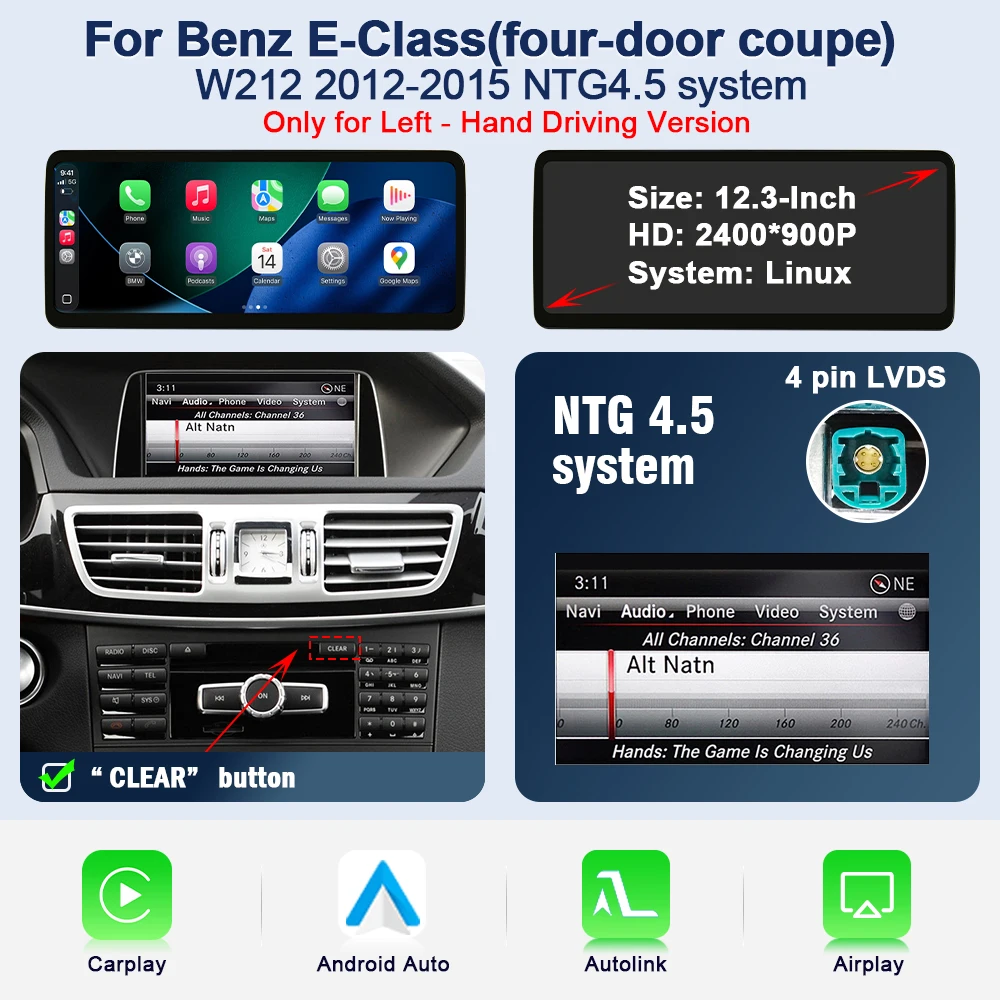 AUTOTOP HD 12.3" touchscreen CarPlay Android Auto voor Mercedes Benz E Klasse W212 E200 E230 E260 E300 S212 multimediaspeler voor auto