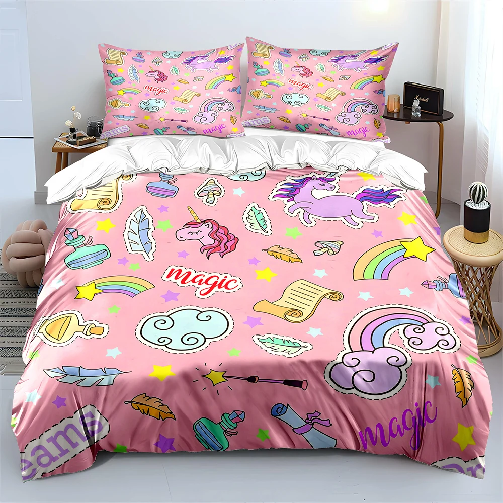 Dreamy unicorns and magical elements Print Bedding Set 1 Duvet Cover 2 Pillowcases for Adult and Children Luxury Gift Full Size
