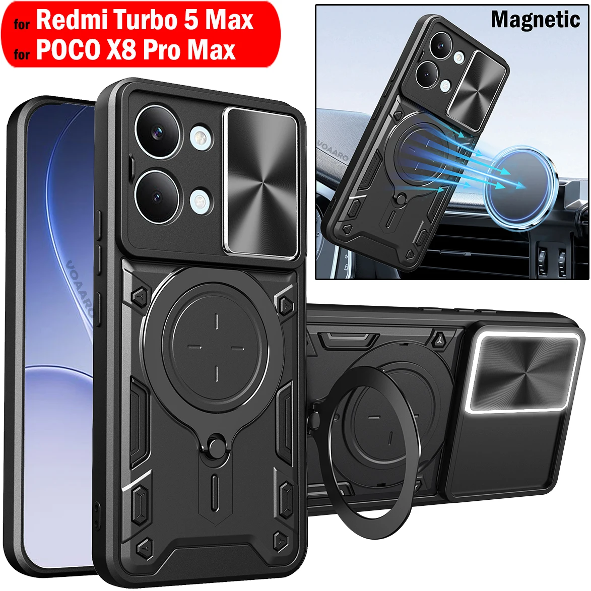 

Slide Lens Camera Protective Armor Funda for POCO X8 Pro Max Case for Redmi Tubo 5 Max Case Rotate Magnetic Ring Kickstand Cover