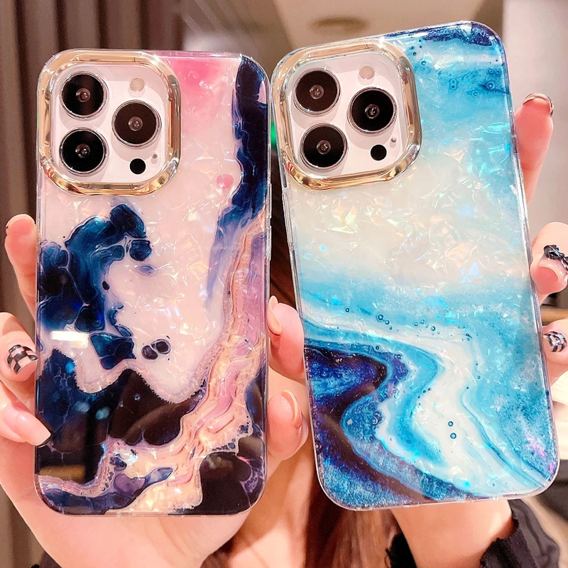 Luxury Marble Shell Pattern Phone Case For iPhone 11 12 13 14 Pro Max Plus Bumper Back Cover