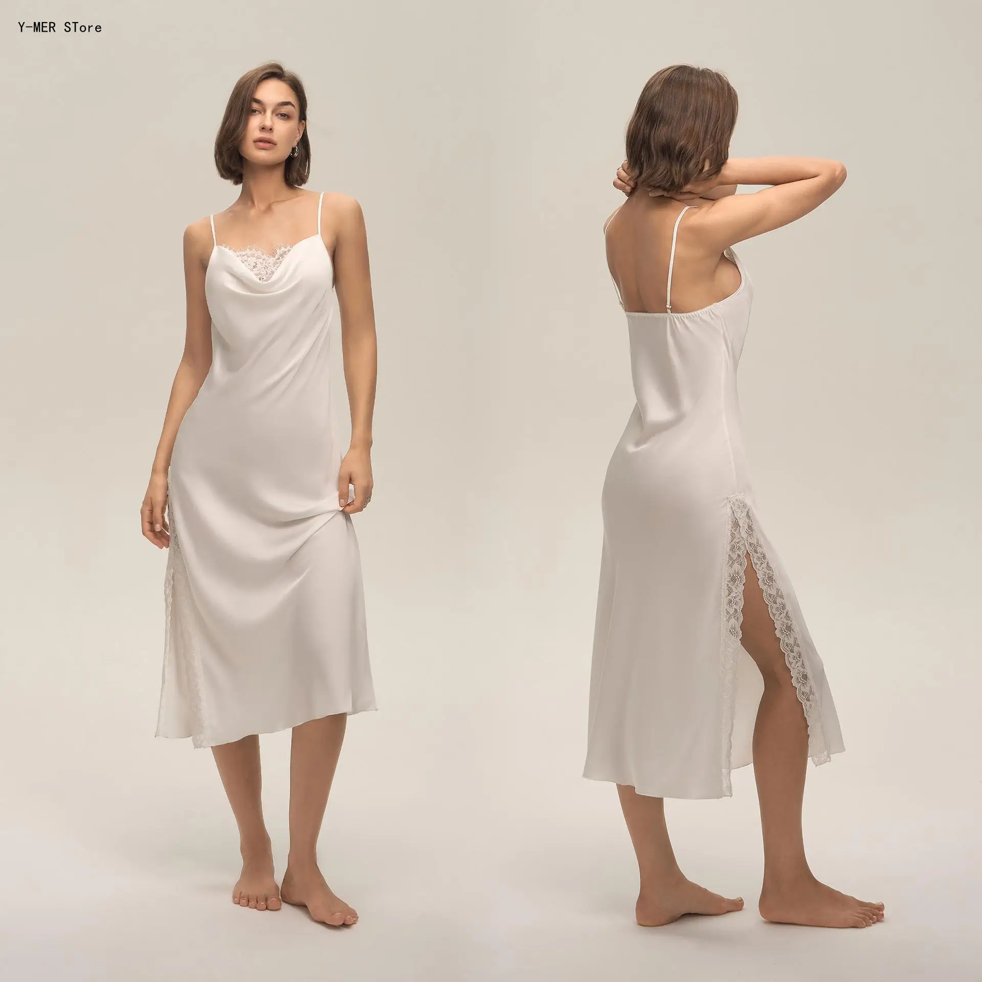 Summer Soft Solid Color Long Sleep Dress Women Cowl Neck Satin Chiffon Lace Splicing Sexy Slip Nightgown Indoor Loungewear