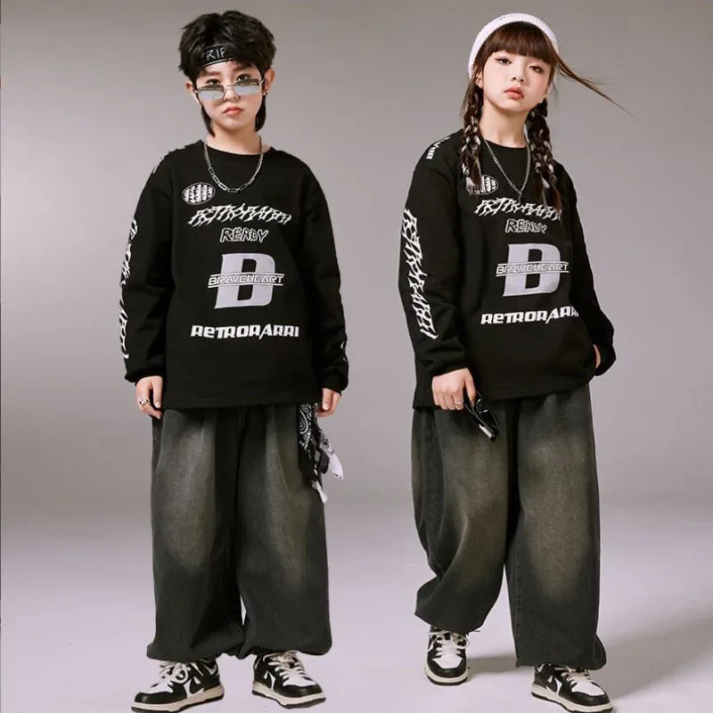 ชาย Hip Hop Oversize เสื้อ Street Dance กางเกงหญิง Streetwear Tops Joggers Denim Baggy เสื้อผ้าเด็กแจ๊สแสดงเครื่องแต่งกาย