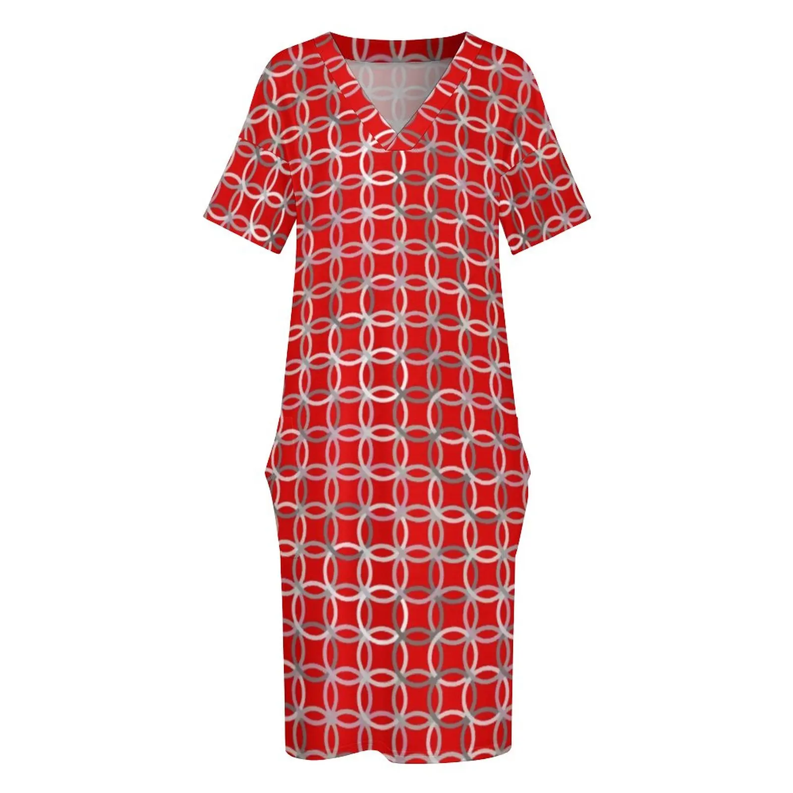 Rot Moderne Kreise Casual Kleid Sommer Mid-Century Kawaii Kleider Weibliche Kurzarm Gedruckt Street Wear Kleid Plus Größe 5XL