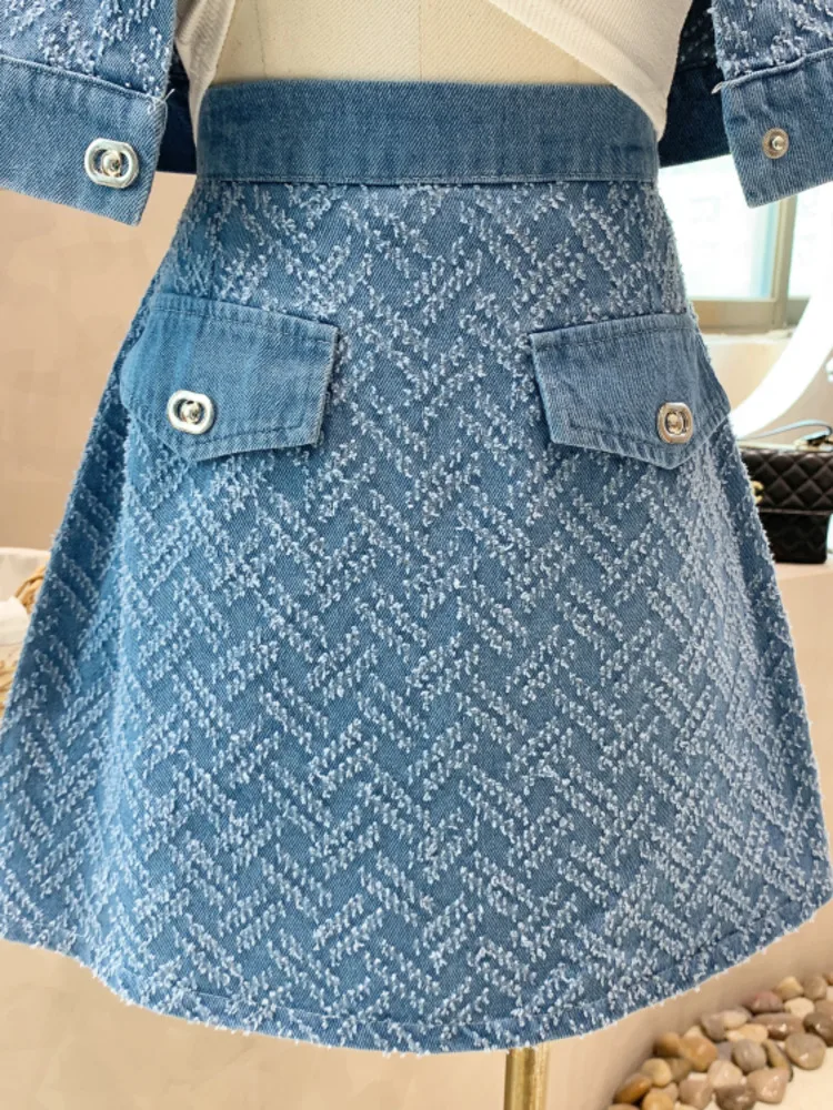 2024 Summer New Street Fashion Women\'s Suit With Skirt Denim Short Sleeve Top Sweet Girl Female Blue Plaid Skirt 2 Piece Set