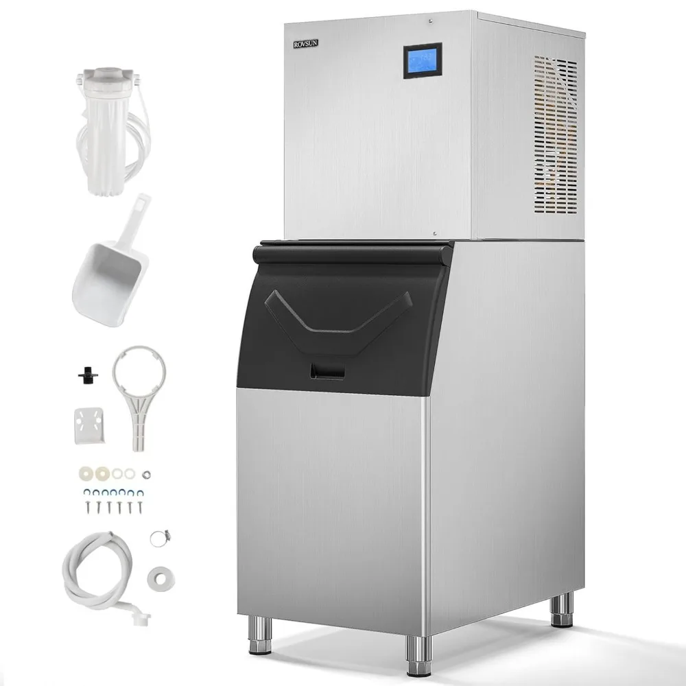 

400 pound/24-hour intelligent LCD panel commercial ice machine with 300 pound storage space, suitable for restaurants, bars, etc