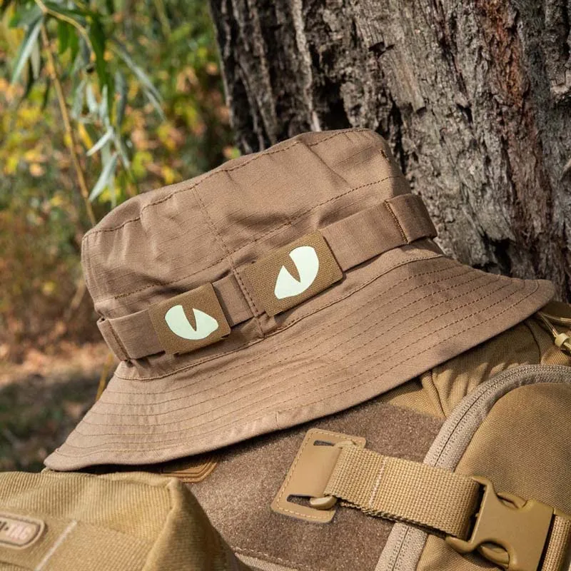 Teufelsaugen, Katzenaugen-Moral-Emblem-Aufnäher, reflektierende Applikation, militärisches taktisches Abzeichen, leuchtet im Dunkeln, für Helm-Rucksack – Detail 2